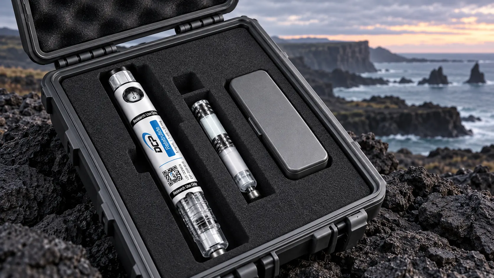 Dual Chamber Peptides — Cenário editorial fictício; não é uma recomendação de armazenamento ao ar livre nem um sistema de envio validado.