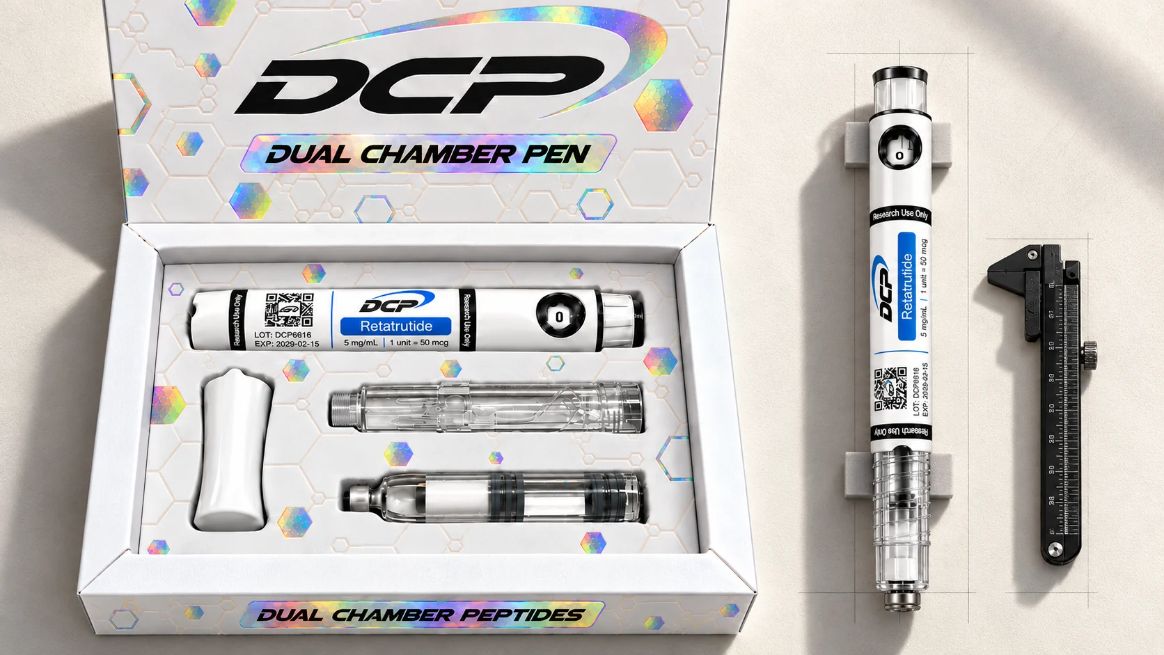 Dual Chamber Peptides — Composição editorial de produtos; não é uma fotografia de instalações, acessórios ou resultados de testes reais.