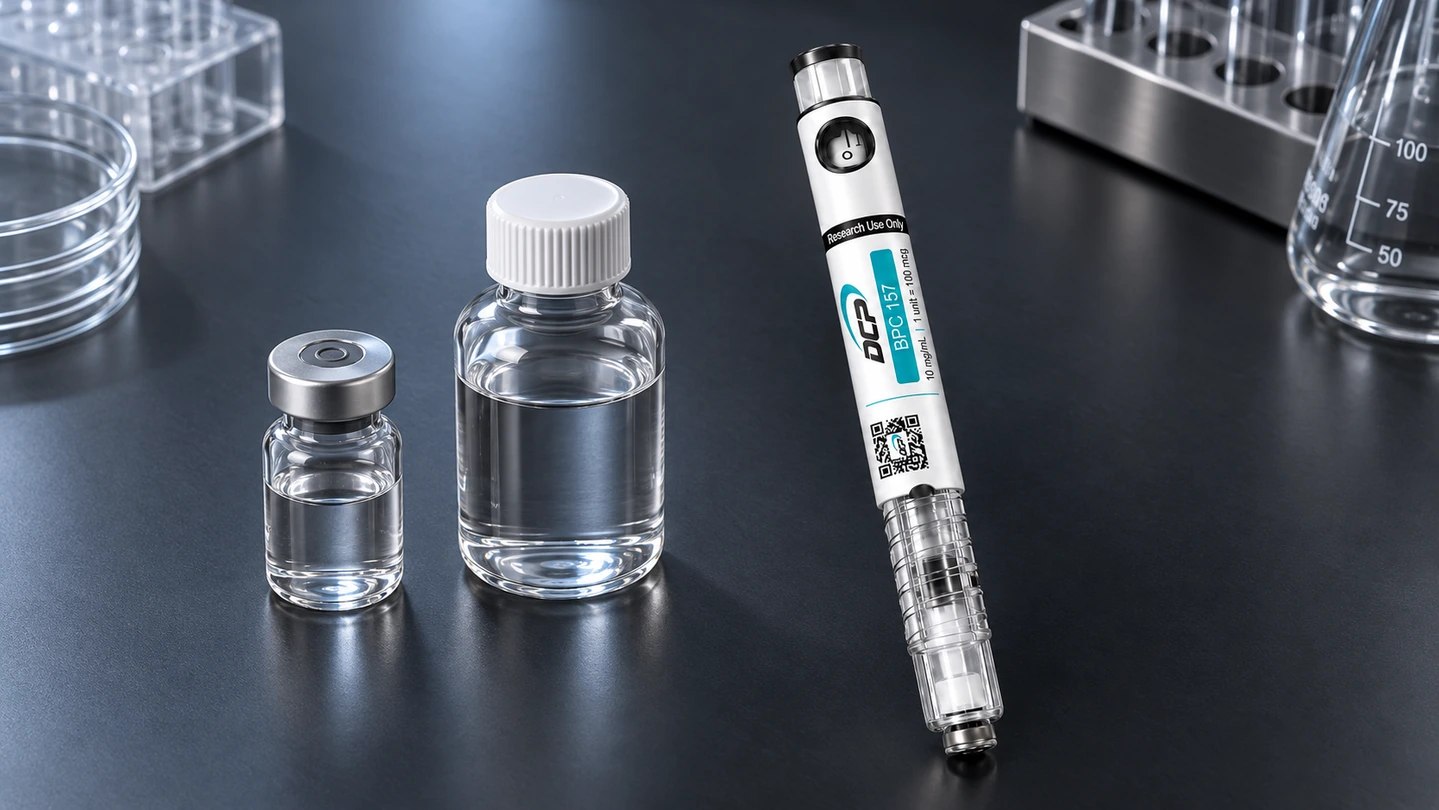 Caneta Dual Chamber Peptides ao lado de um frasco convencional, um frasco de solvente e equipamento de laboratório embalado